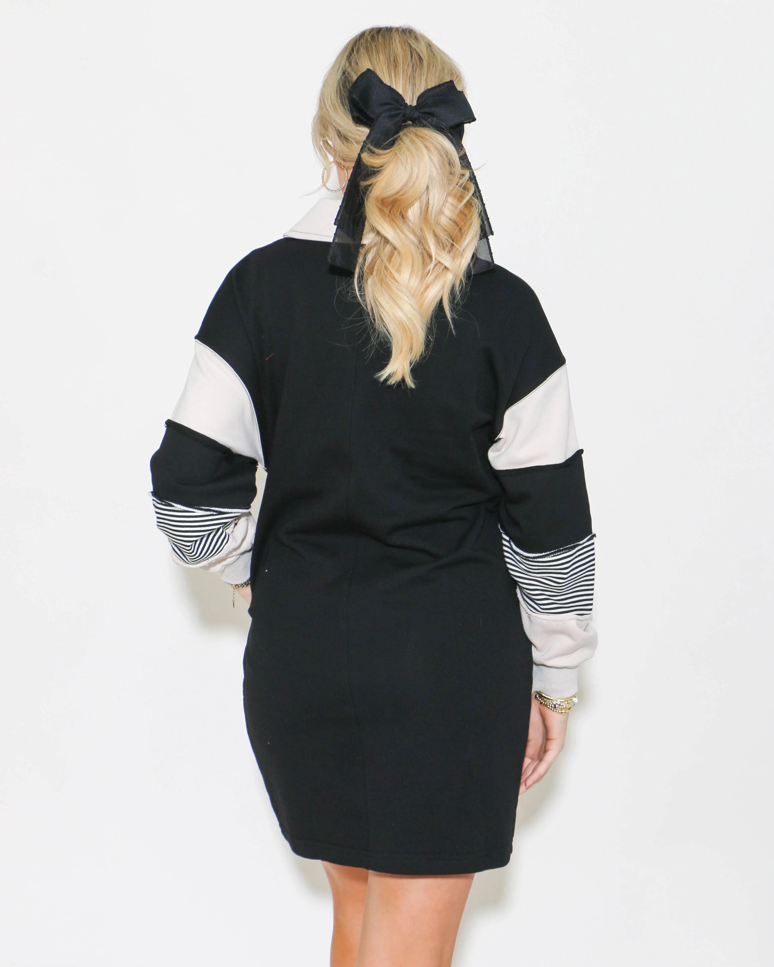 Color Block Sleeve V Neck French Terry Dress in Black