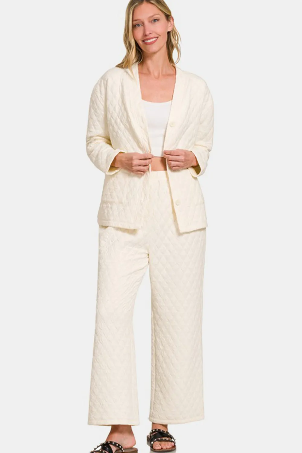 Cream Quilted Button Up Long Sleeve Top and Pants Lounge Set