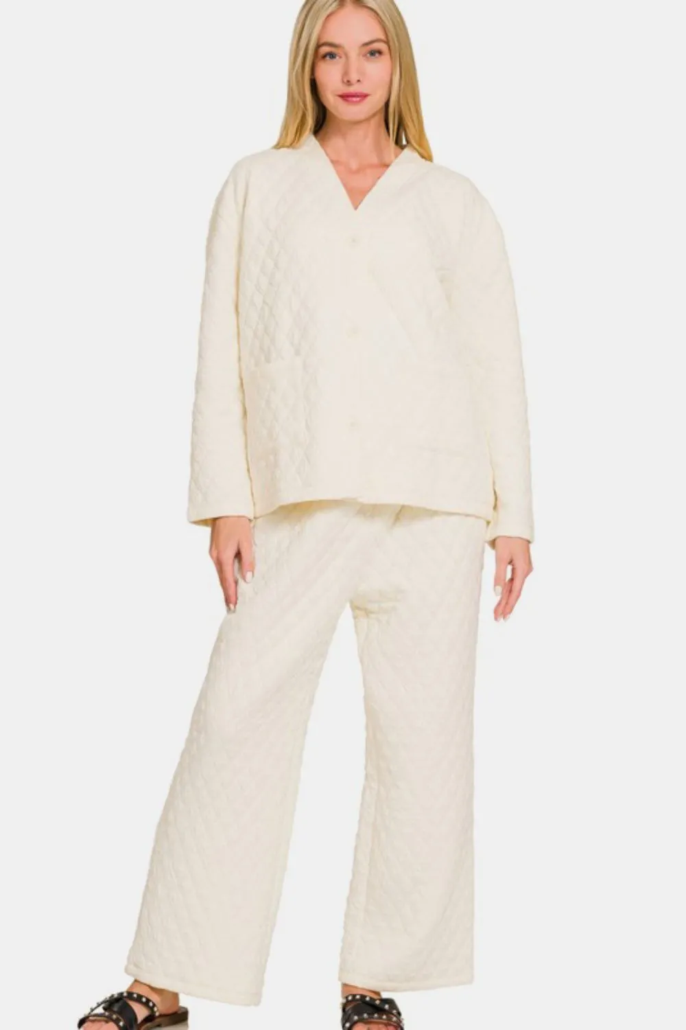 Cream Quilted Button Up Long Sleeve Top and Pants Lounge Set