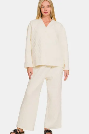 Cream Quilted Button Up Long Sleeve Top and Pants Lounge Set