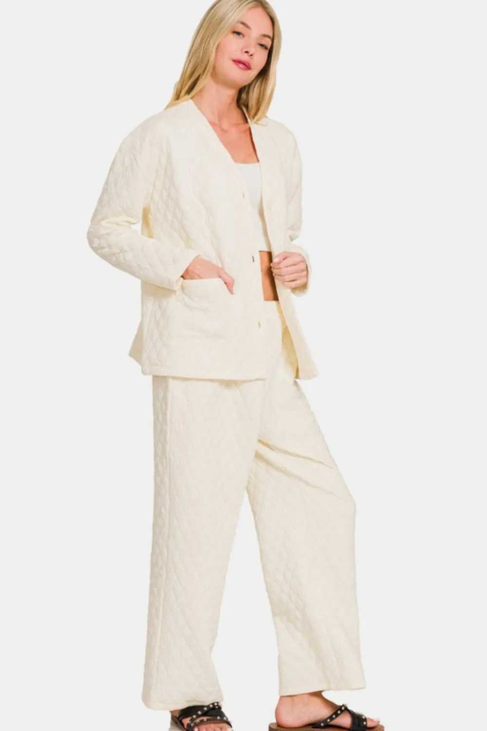 Cream Quilted Button Up Long Sleeve Top and Pants Lounge Set