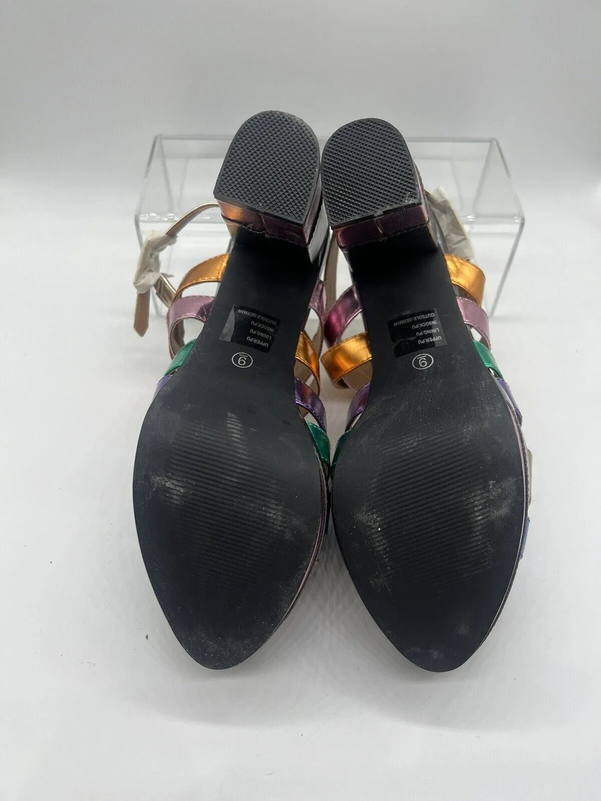 Ecote’ Rainbow Sandal 9M open toe High Heel Platform 4.5” Sling Back Blue Pink