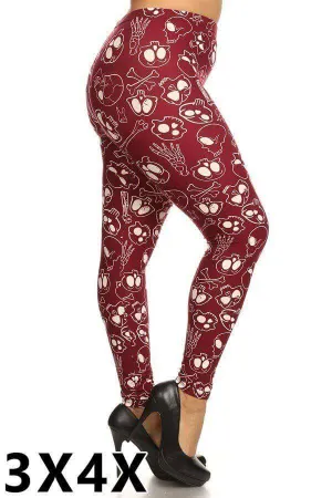Extra Plus Burgundy Skull Print Leggings