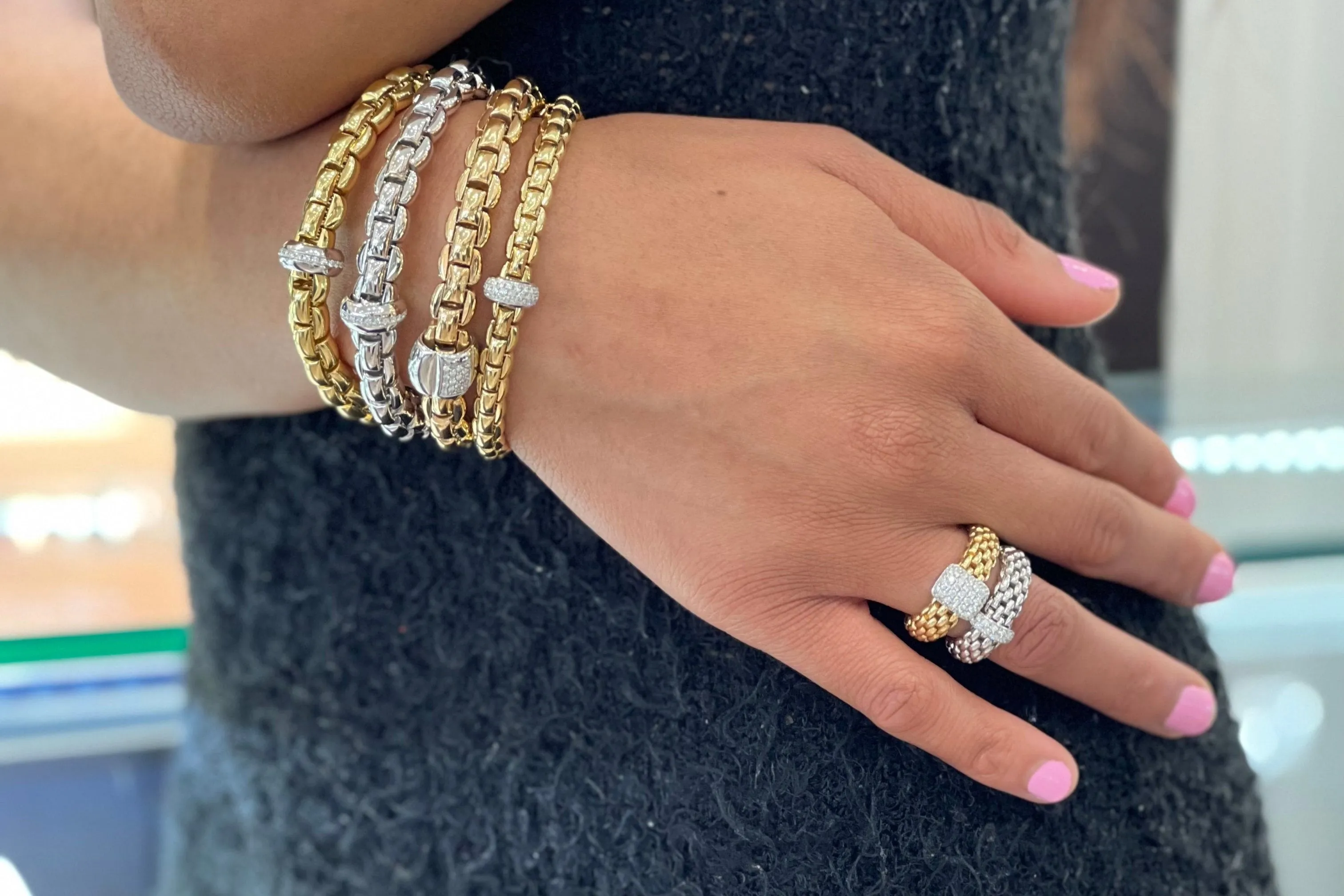 FOPE 'Vendome' Diamond Gold Stretchy Fashion Ring