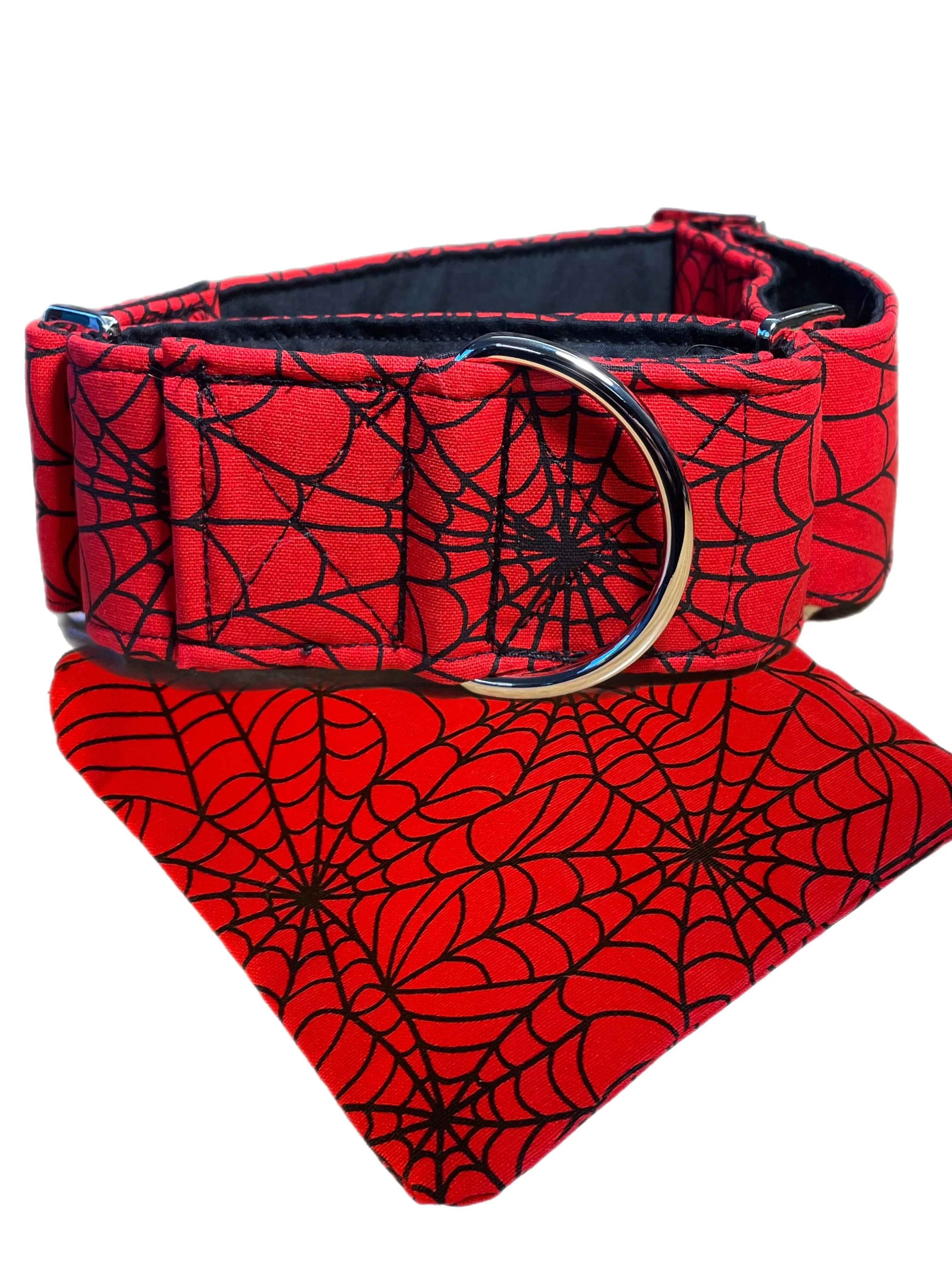 Greyhound Martingale collar in red Spiderman webs cotton wide 50cms