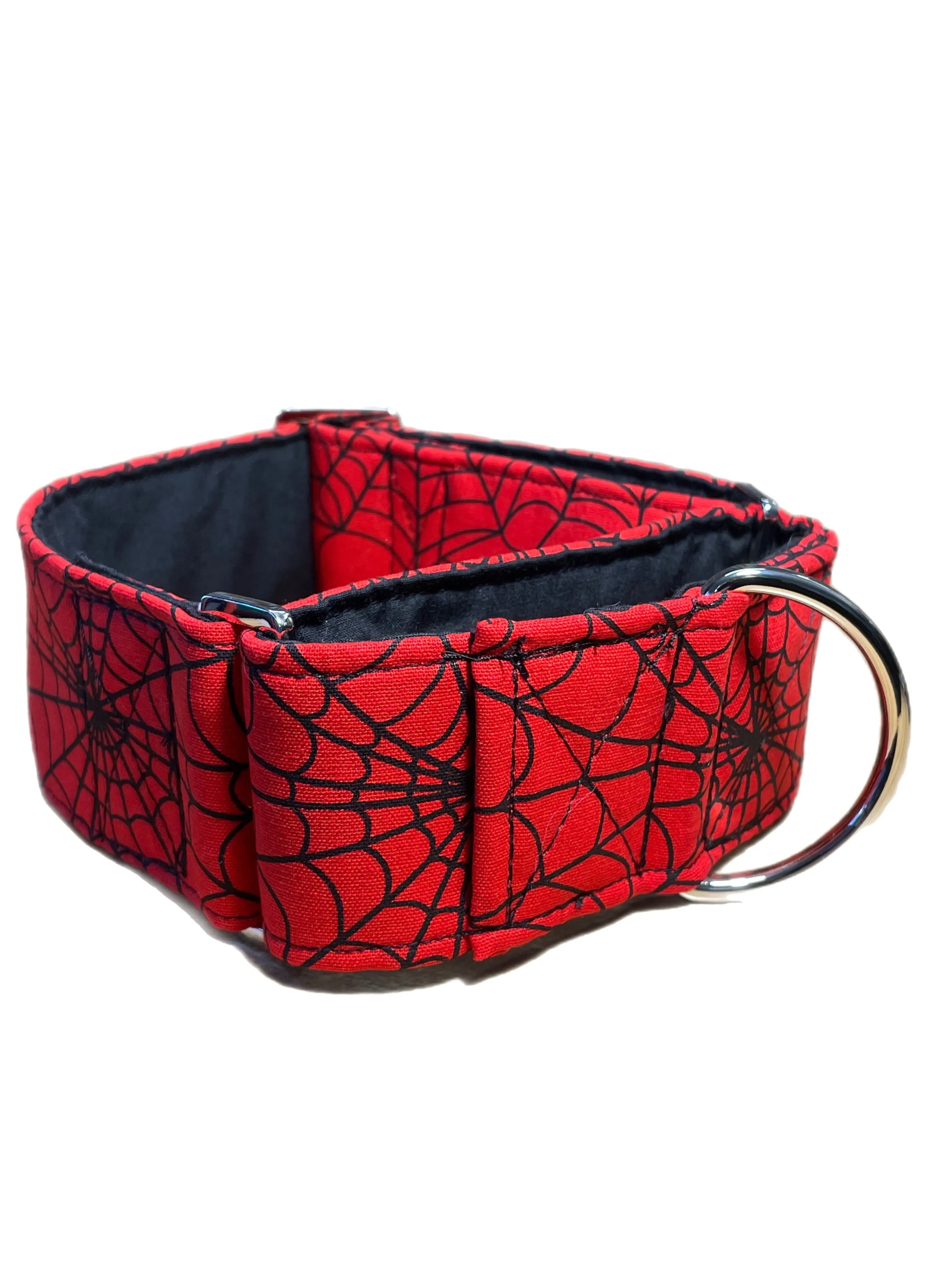 Greyhound Martingale collar in red Spiderman webs cotton wide 50cms