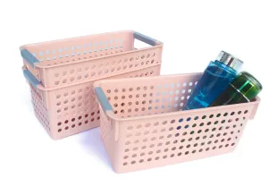 Honla Slim Plastic Storage Baskets Bins Organizer with Gray Handles,Set of 3,Pink