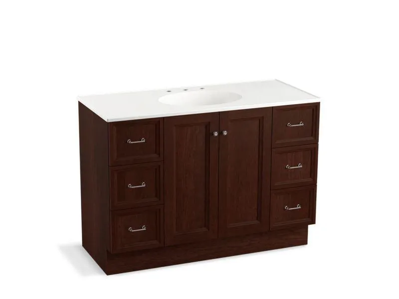 KOHLER K-99522-TKSD-1WA Damask 48" bathroom vanity cabinet with toe kick, 2 doors and 6 drawers, split top drawers