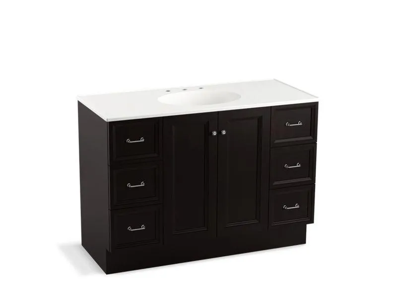 KOHLER K-99522-TKSD-1WA Damask 48" bathroom vanity cabinet with toe kick, 2 doors and 6 drawers, split top drawers