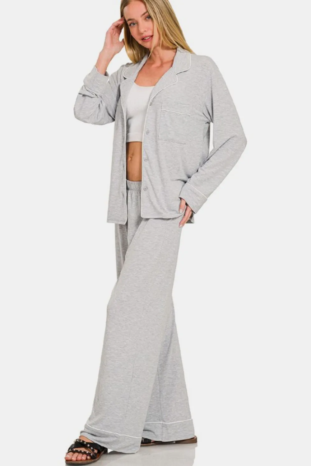 Light Gray Button Down Long Sleeve Top and Pants Lounge Set