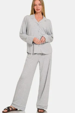 Light Gray Button Down Long Sleeve Top and Pants Lounge Set