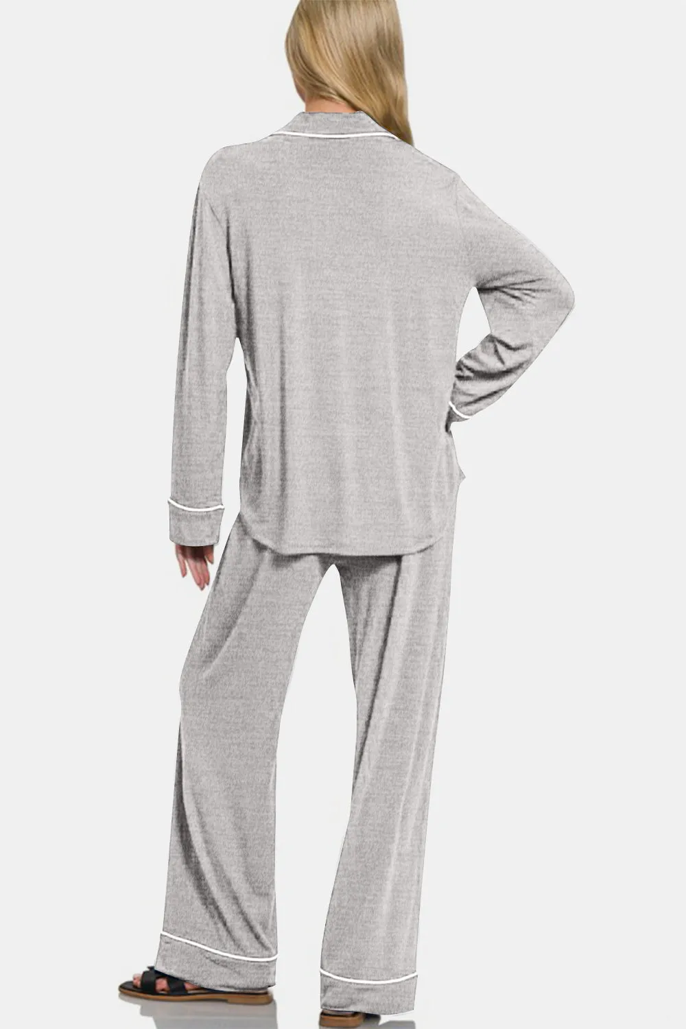 Light Gray Button Down Long Sleeve Top and Pants Lounge Set