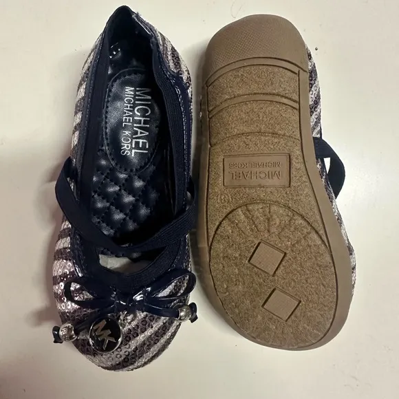 Michael Kors Girls Lil Kory Sequin Zebra Navy Silver Ballet Flat NEW