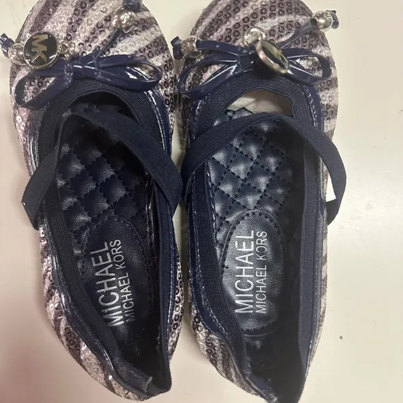Michael Kors Girls Lil Kory Sequin Zebra Navy Silver Ballet Flat NEW