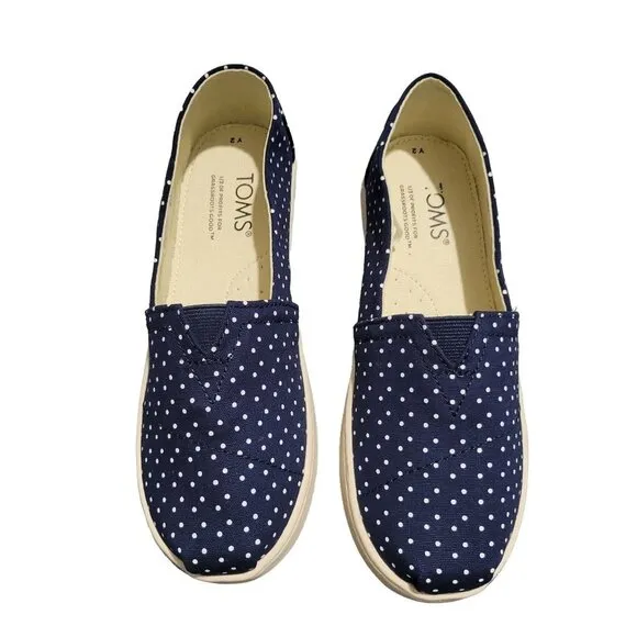 New TOMS  Shoes Girls Kids navy blue Polka Dots Slip-on Size 2 Alpargata