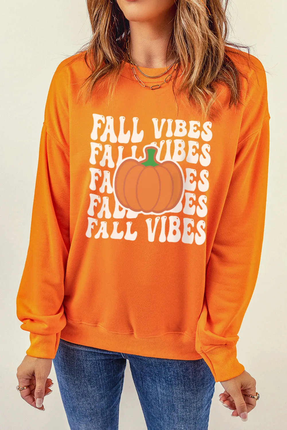 Orange FALL VIBES Chic Pumpkin Graphic Sweatshirt