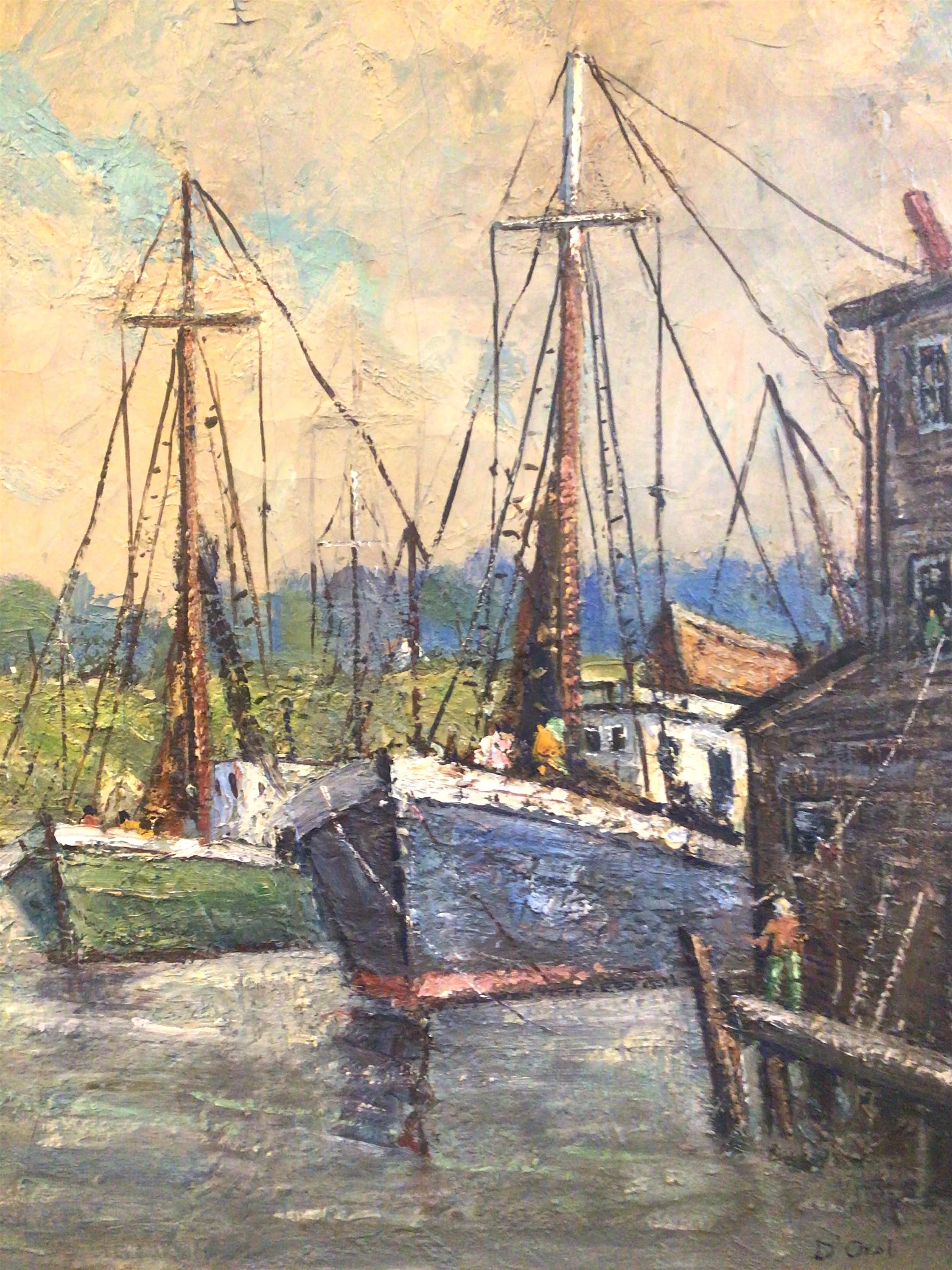 Pasquale D'Orsi Oil on Canvas of Harbor & Boat Scene ~Listed Artist Massachusetts~