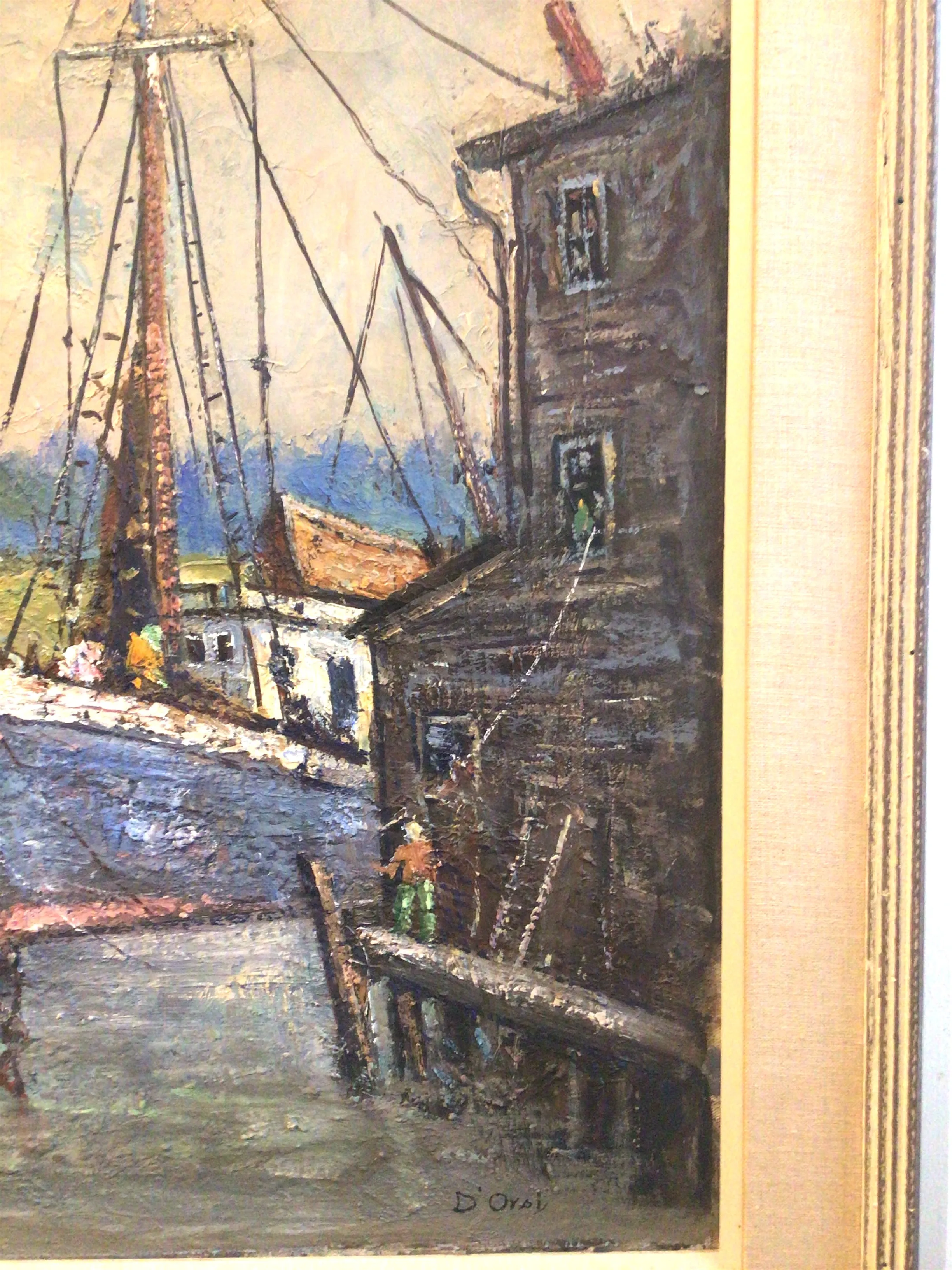 Pasquale D'Orsi Oil on Canvas of Harbor & Boat Scene ~Listed Artist Massachusetts~