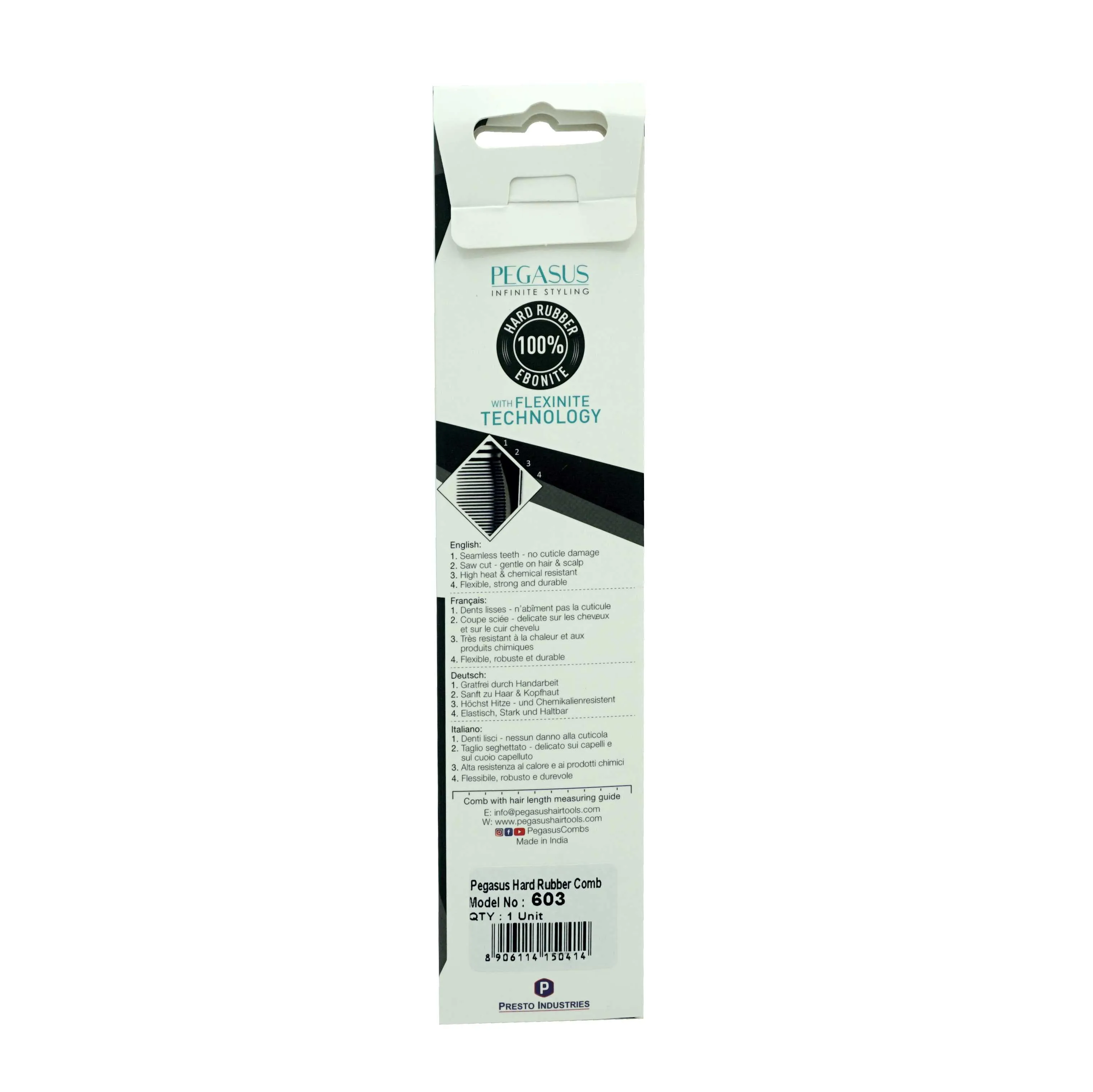 Pegasus 603, 5in Hard Rubber Pocket Comb, Handmade, Seamless, Smooth Edges, Anti Static, Heat and Chemically Resistant, Portable Pocket Purse Mustache Comb | Peines de goma dura - Black