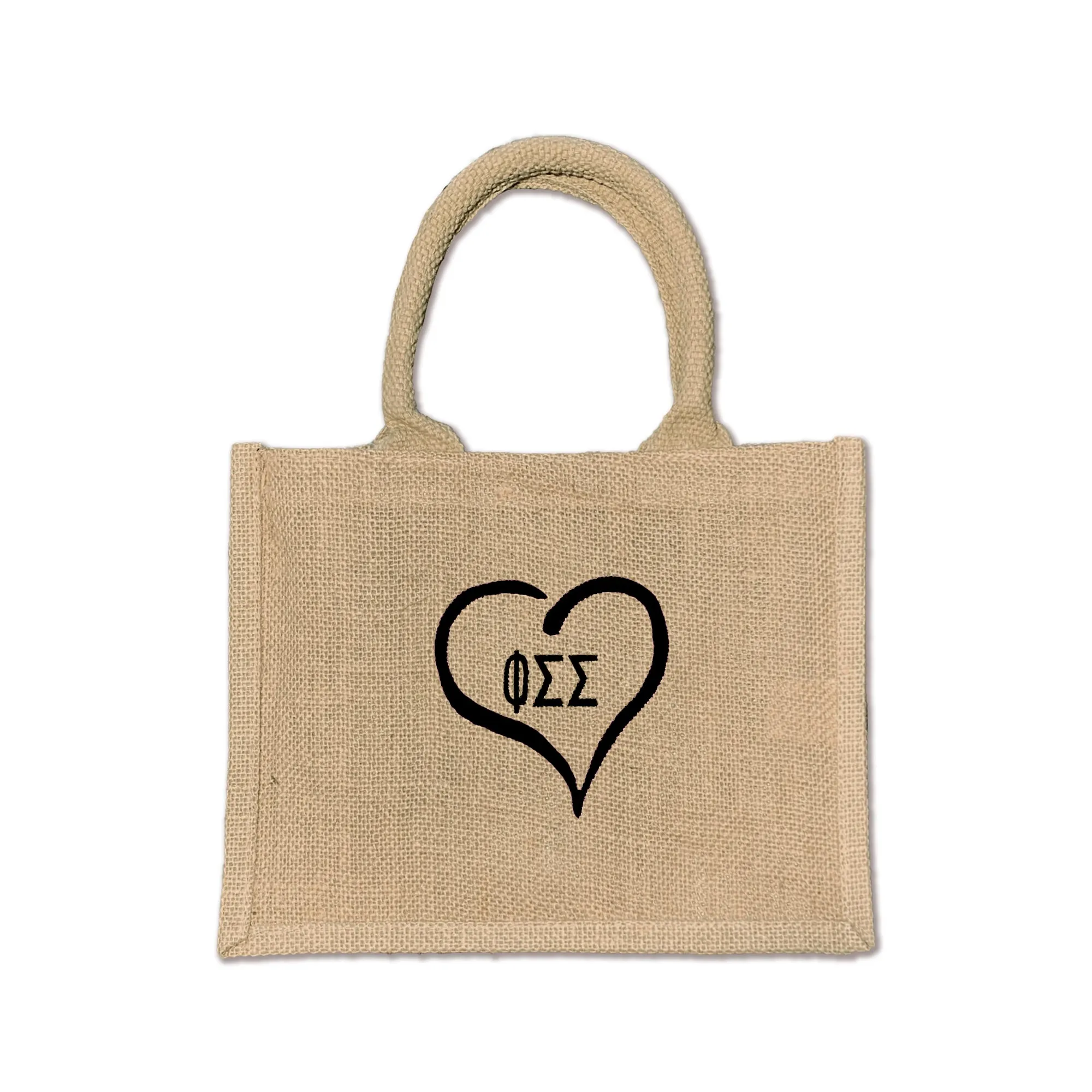 Phi Sigma Sigma Heart and Sorority Letters Burlap Tote Bag