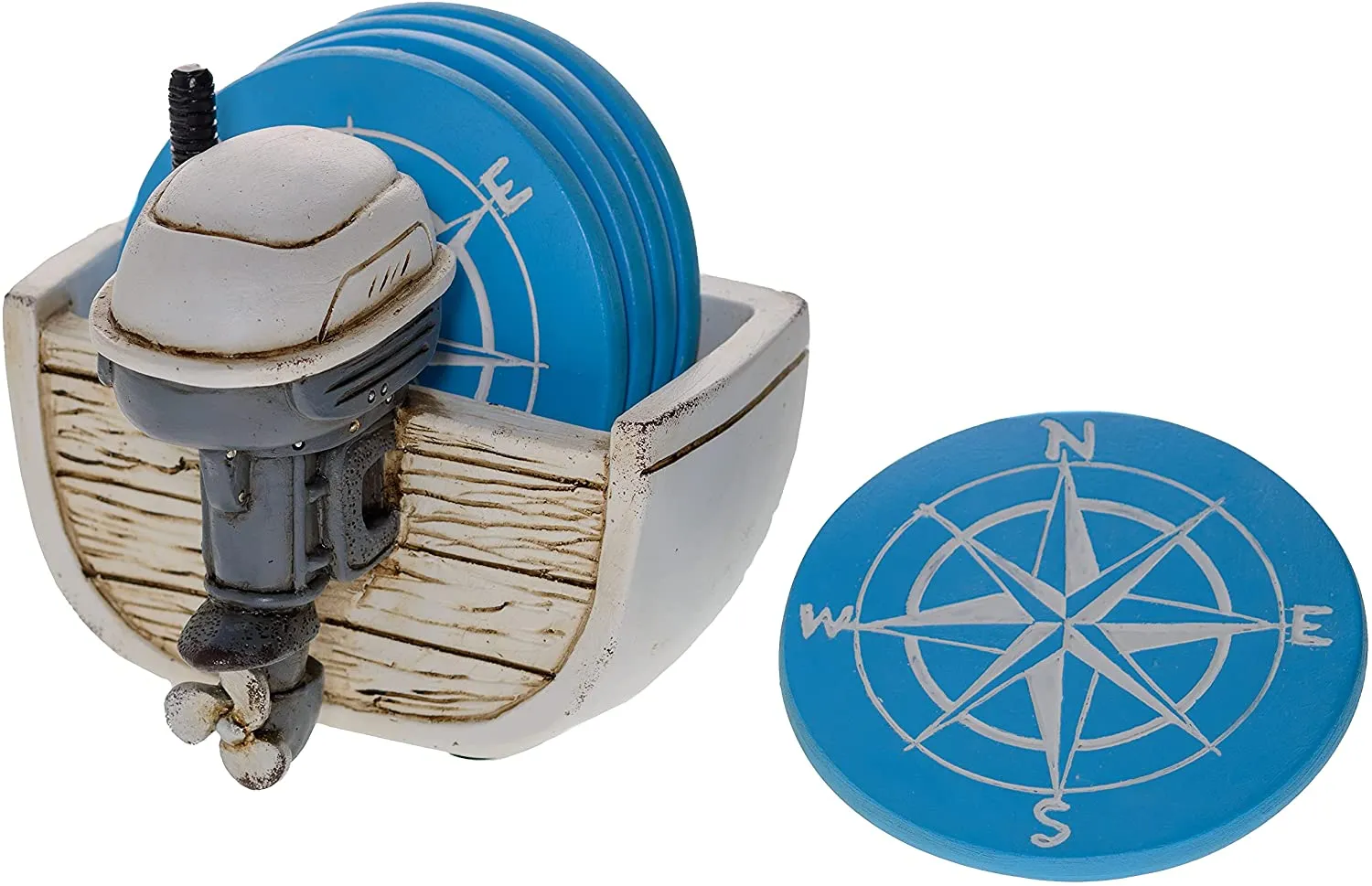 Pine Ridge Outboard Boat Motor Drink Coaster Set - Nautical Star Compass Design Coasters with Boat Motor Holder - Coffee Table Coaster Set of 5 with Rubber Pads