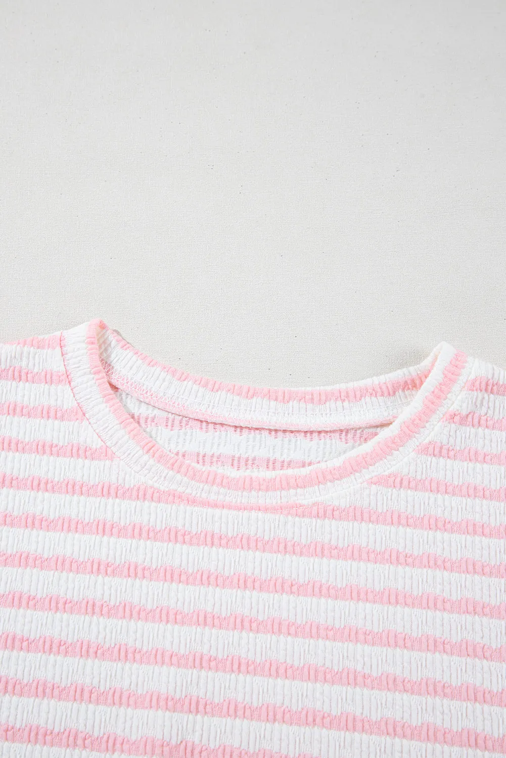 Pink Stripe Knitted Short Sleeve Top and Drawstring Shorts Set