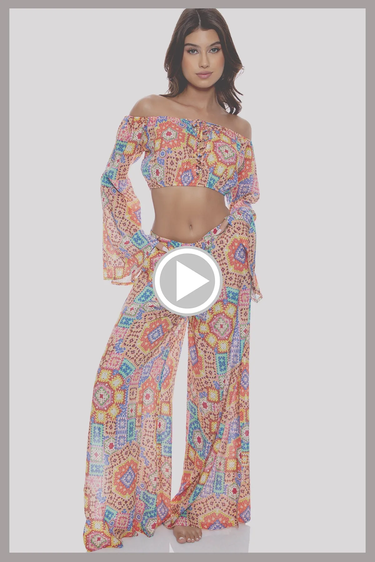 RETRO LULI - Laced Up Off The Shoulder Crop Top & Open Sides Wide Leg Pant • Multicolor
