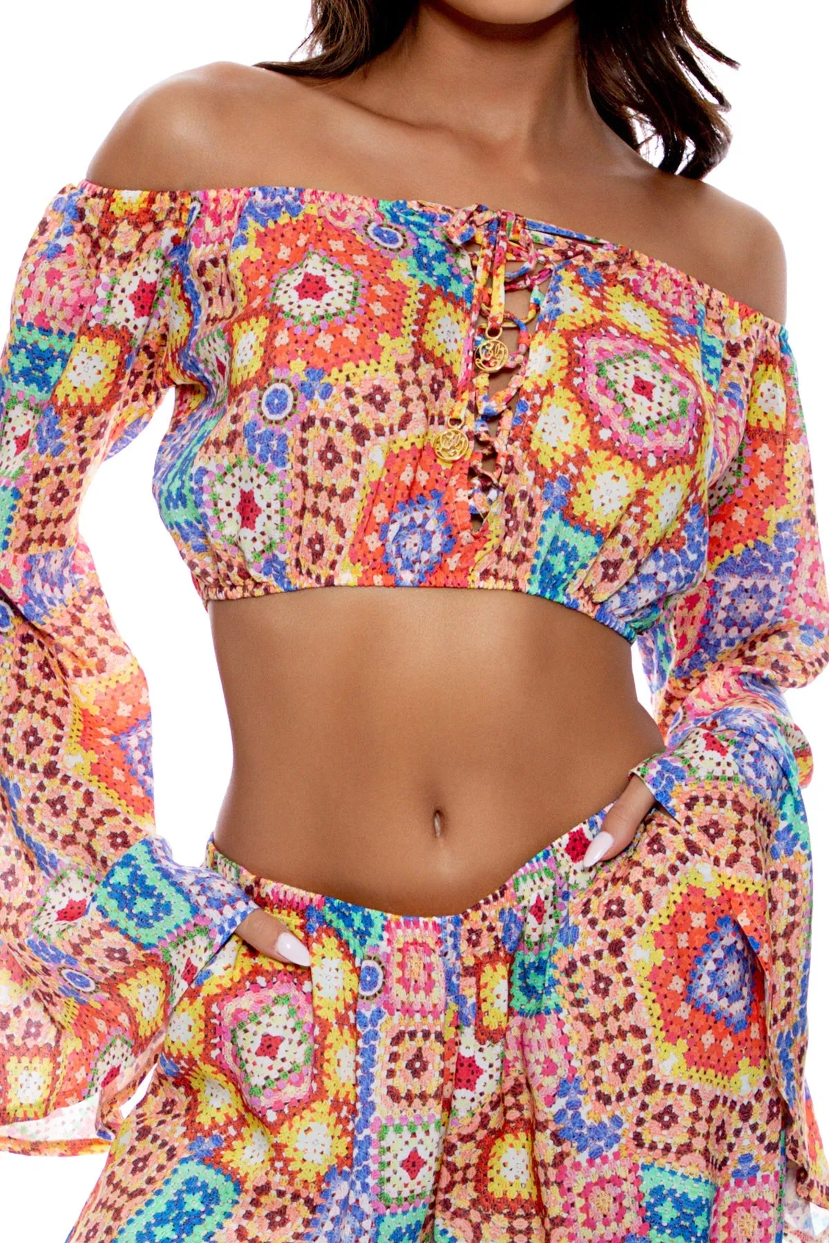 RETRO LULI - Laced Up Off The Shoulder Crop Top & Open Sides Wide Leg Pant • Multicolor