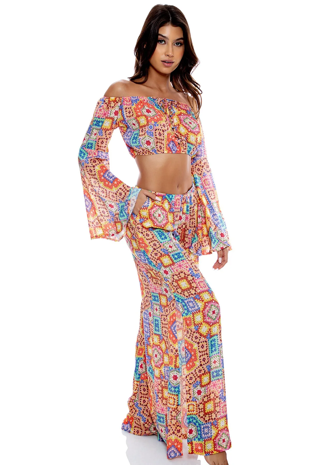 RETRO LULI - Laced Up Off The Shoulder Crop Top & Open Sides Wide Leg Pant • Multicolor