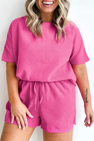 Rose Red Solid Waffle Knit Plus Size Two Piece Outfits
