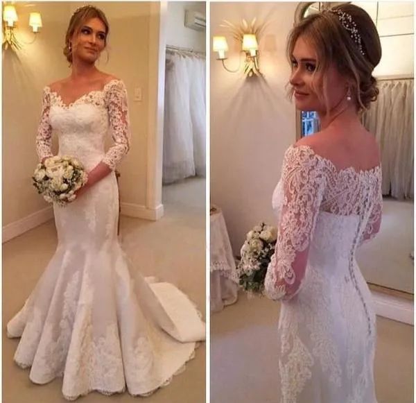 Roycebridal Beautiful Lace Mermaid V-Neck 3/4 Sleeves Ball Gowns Wedding Dresses, MW163