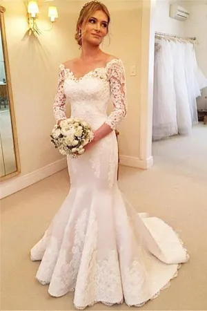 Roycebridal Beautiful Lace Mermaid V-Neck 3/4 Sleeves Ball Gowns Wedding Dresses, MW163