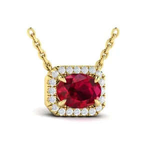 Ruby & Diamond Horizontal Halo Necklace in 14K Yellow Gold
