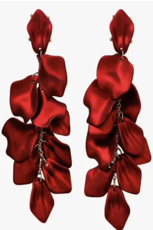 Satin Tiered Red Petal Drop Earrings