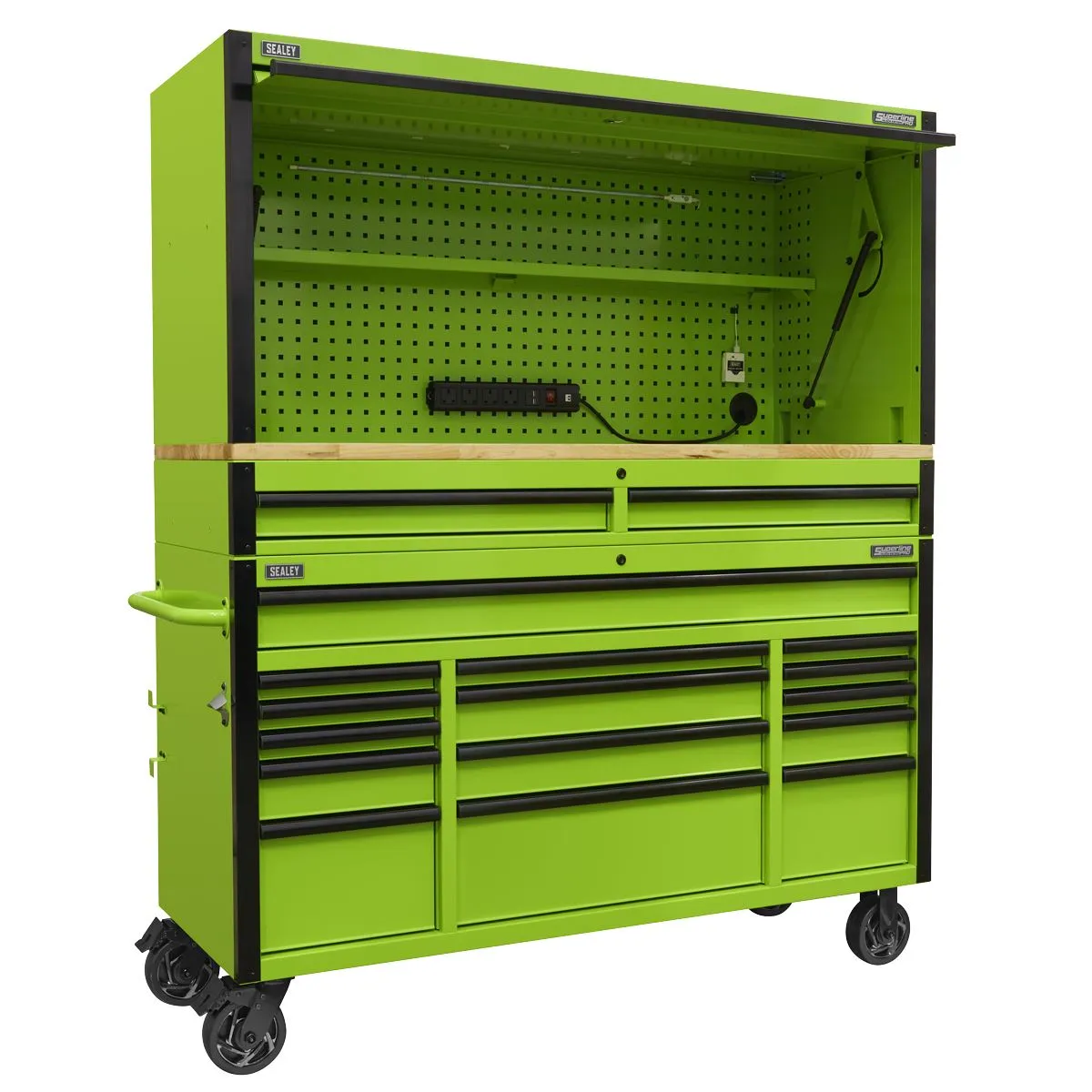 Sealey Superline Pro 15 Drawer 1549mm Mobile Trolley with Wooden Worktop and Hutch and 2 Drawer Riser