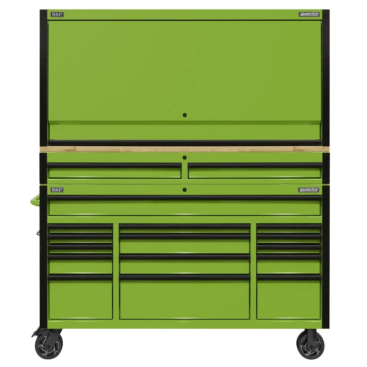 Sealey Superline Pro 15 Drawer 1549mm Mobile Trolley with Wooden Worktop and Hutch and 2 Drawer Riser