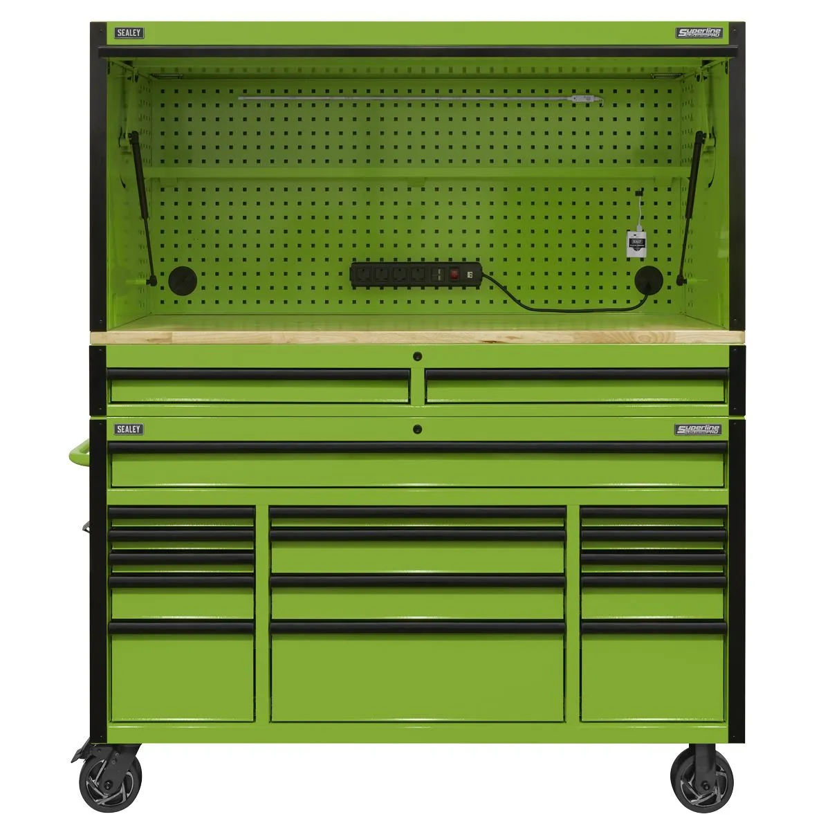 Sealey Superline Pro 15 Drawer 1549mm Mobile Trolley with Wooden Worktop and Hutch and 2 Drawer Riser