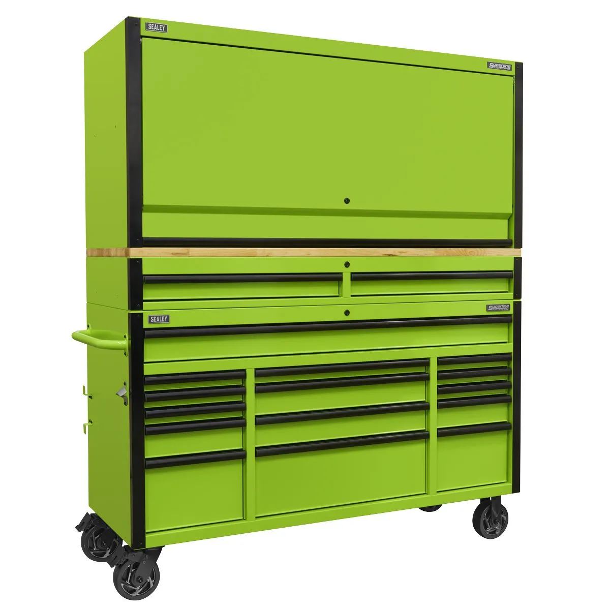 Sealey Superline Pro 15 Drawer 1549mm Mobile Trolley with Wooden Worktop and Hutch and 2 Drawer Riser