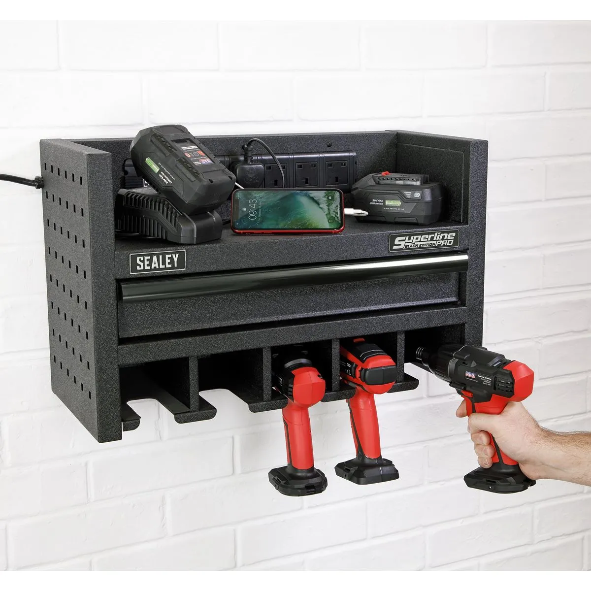 Sealey Superline Pro Power Tool Storage Rack with Drawer & Power Strip
