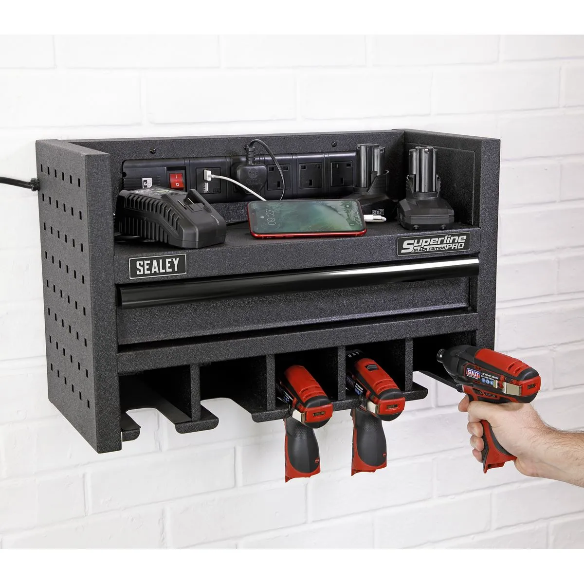 Sealey Superline Pro Power Tool Storage Rack with Drawer & Power Strip
