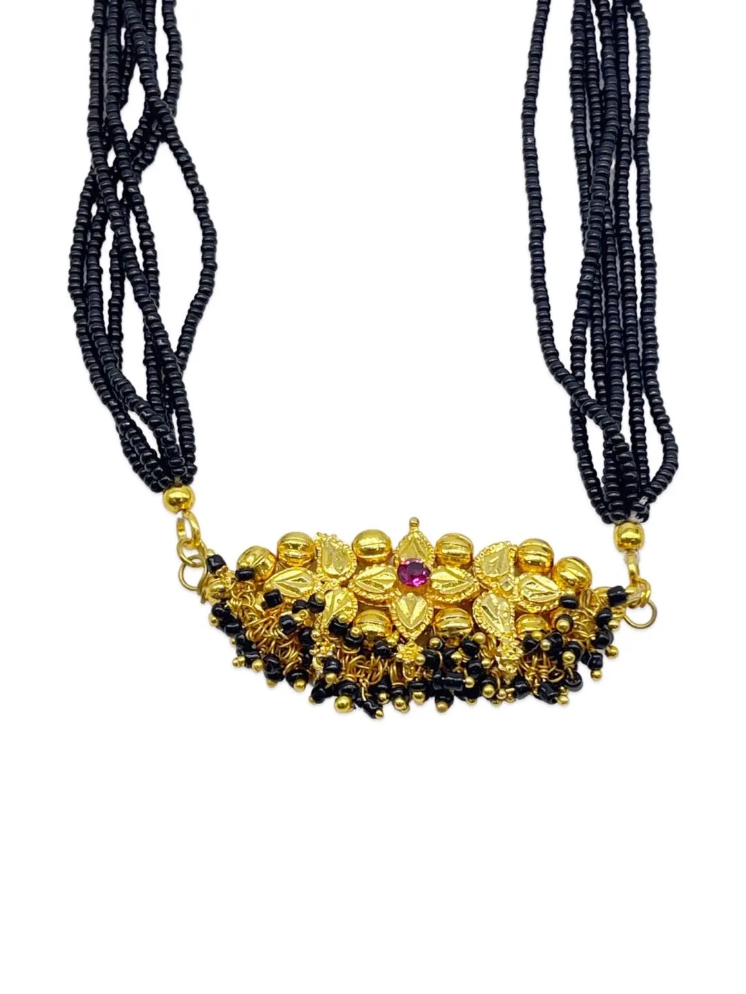 Short Thushi Mangalsutra Flower Designs with 6 Line Black Beads Chain