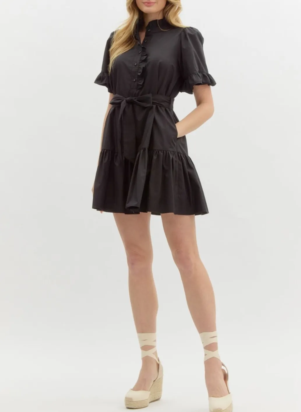 Solid Short Sleeve Front Half Button Closure Mini Dress