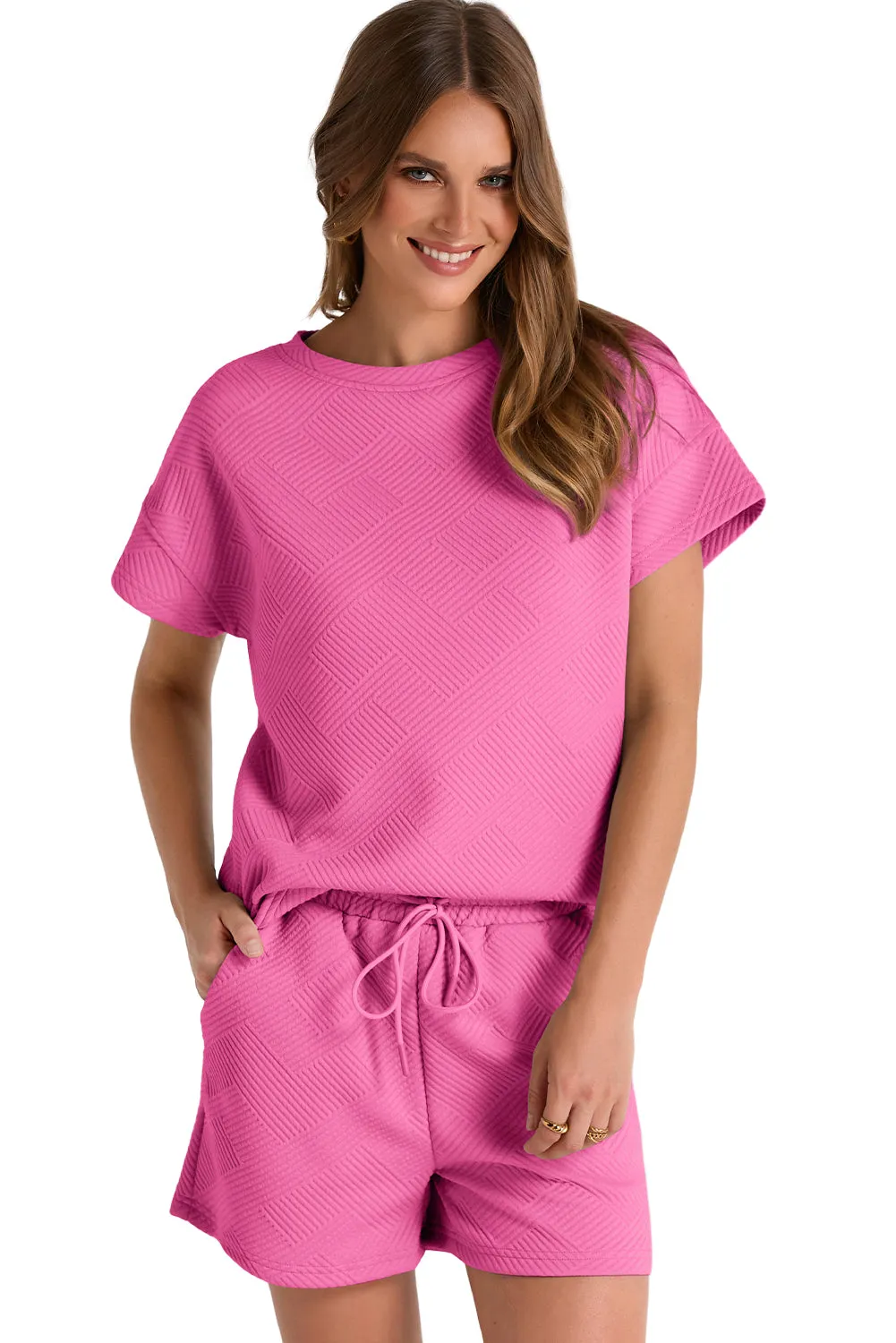 Strawberry Pink 2pcs Solid Textured Drawstring Shorts Set