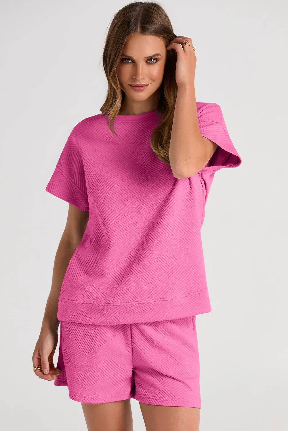 Strawberry Pink 2pcs Solid Textured Drawstring Shorts Set