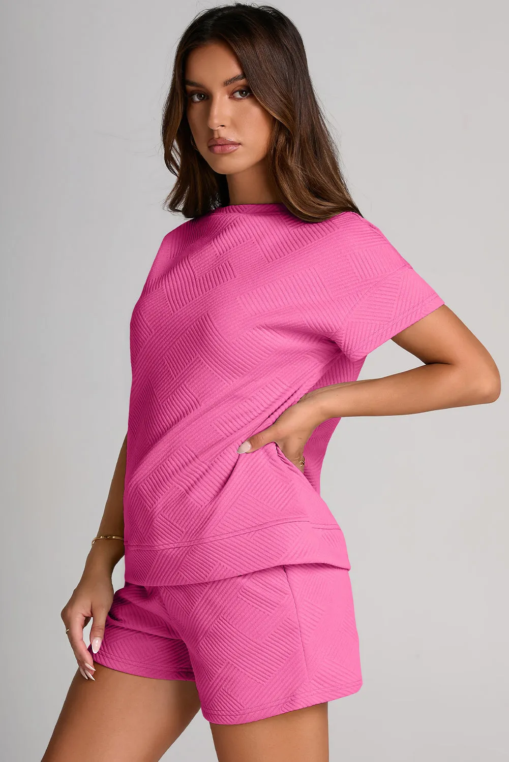 Strawberry Pink 2pcs Solid Textured Drawstring Shorts Set