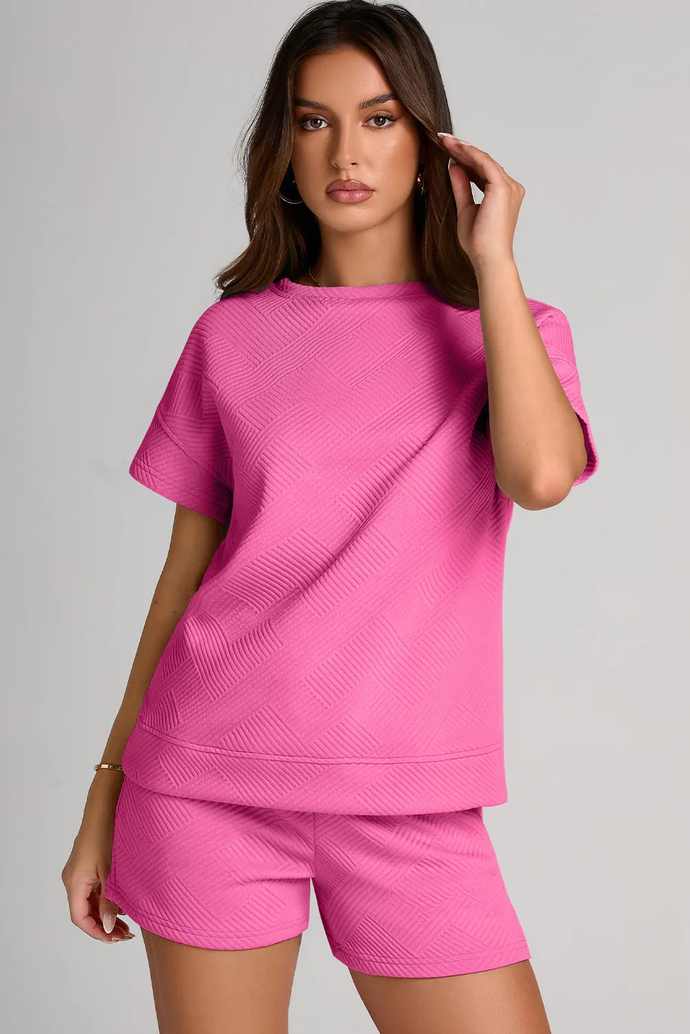 Strawberry Pink 2pcs Solid Textured Drawstring Shorts Set