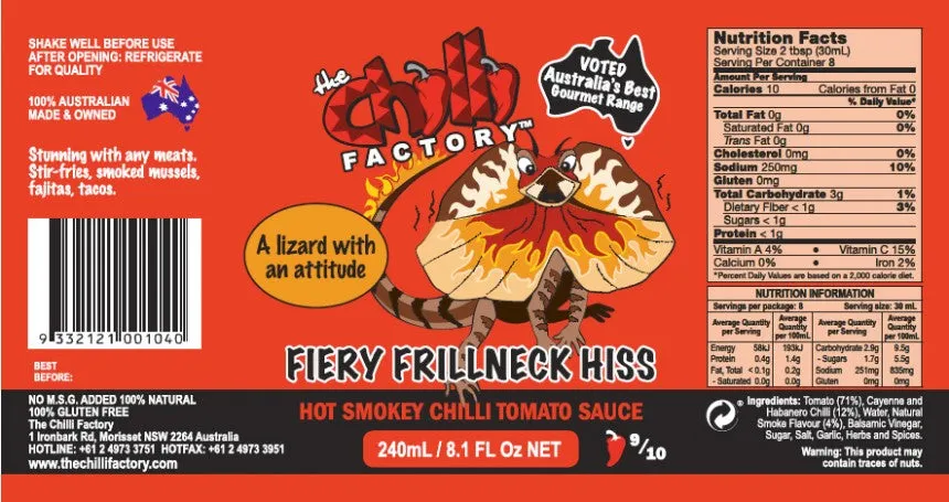 The Chilli Factory | Fiery Frillneck Hiss Hot Smokey Chilli Tomato Sauce