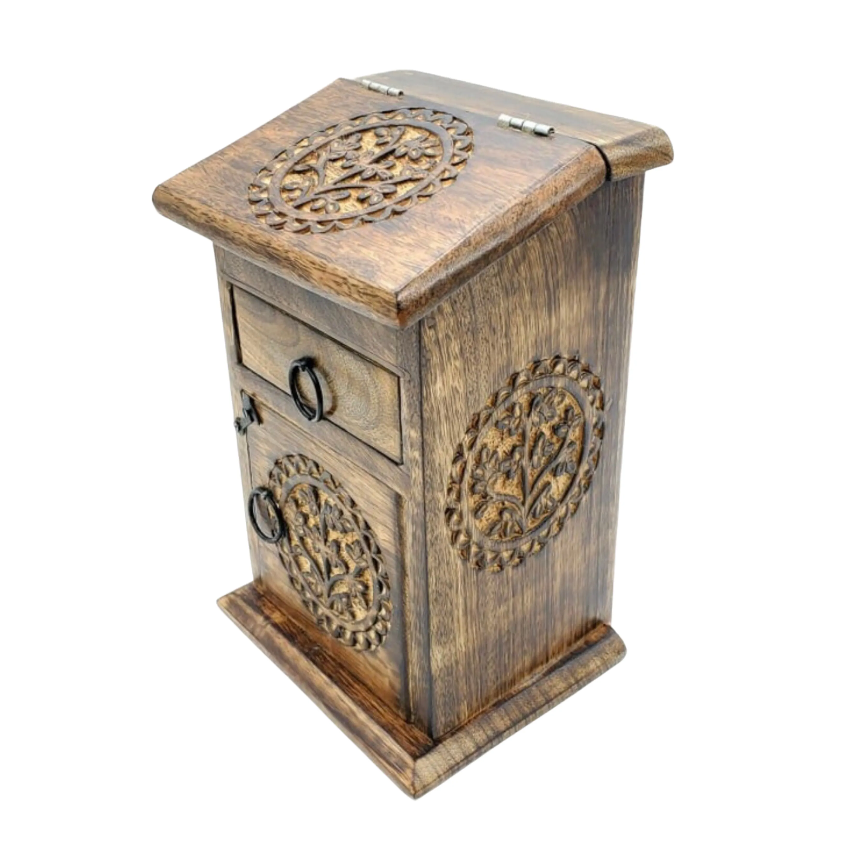 Tree of Life 3-Compartment Trinket Hutch | 4" x 9" Inches | Crystal Storage Box | Tarot Card Box | Carved Wooden Jewelry Box | Altar Box