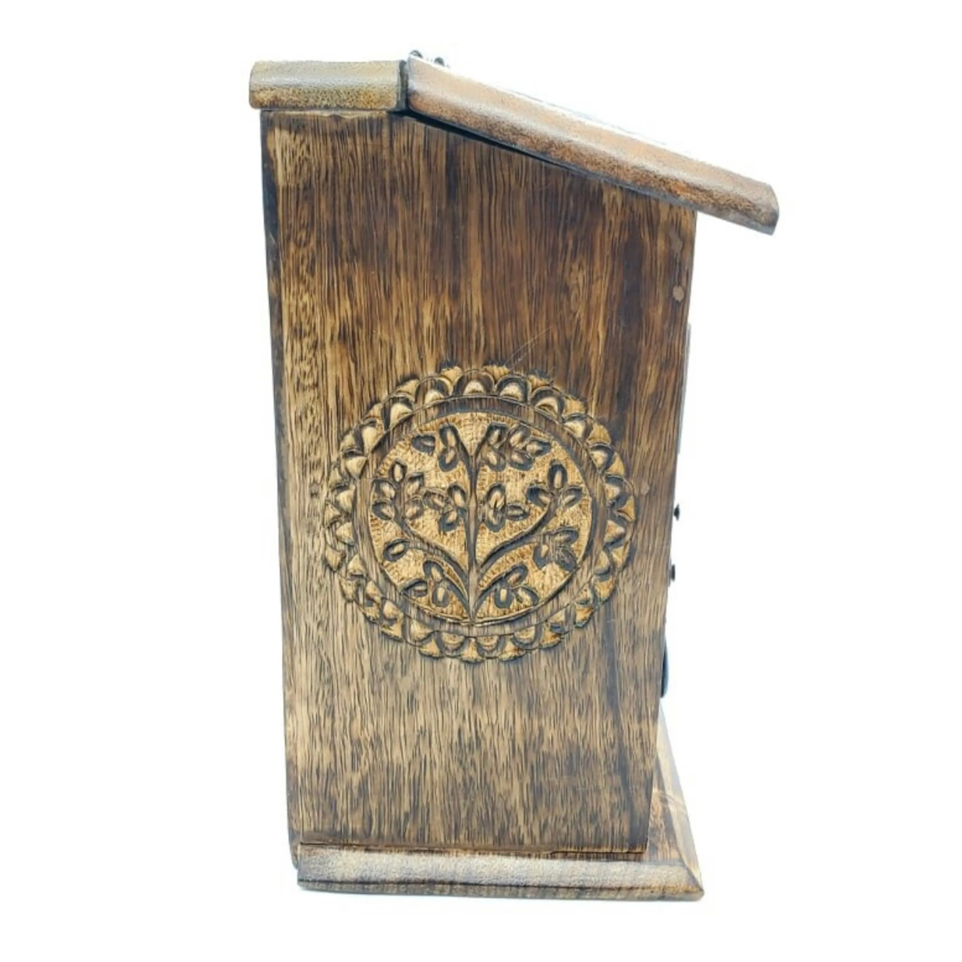 Tree of Life 3-Compartment Trinket Hutch | 4" x 9" Inches | Crystal Storage Box | Tarot Card Box | Carved Wooden Jewelry Box | Altar Box