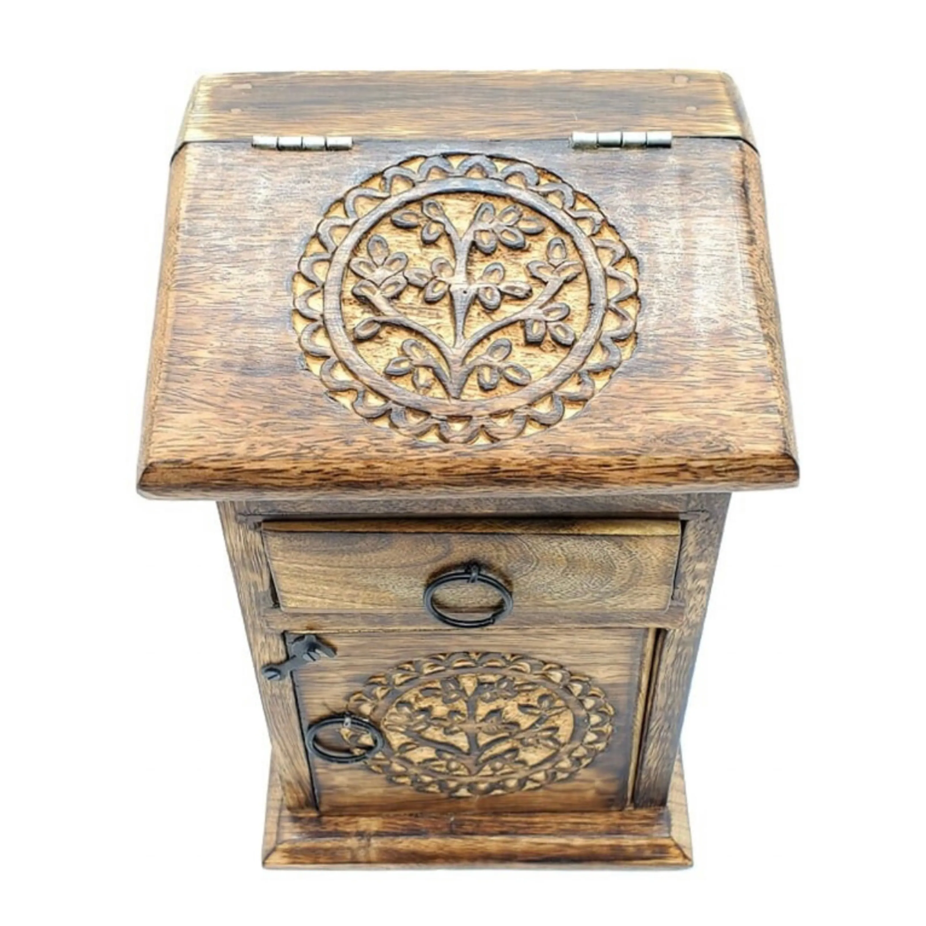 Tree of Life 3-Compartment Trinket Hutch | 4" x 9" Inches | Crystal Storage Box | Tarot Card Box | Carved Wooden Jewelry Box | Altar Box